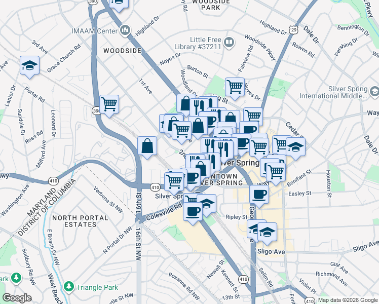 map of restaurants, bars, coffee shops, grocery stores, and more near 1328 Fenwick Lane in Silver Spring