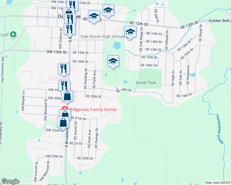 map of restaurants, bars, coffee shops, grocery stores, and more near 606 Southeast 21st Street in Oak Grove