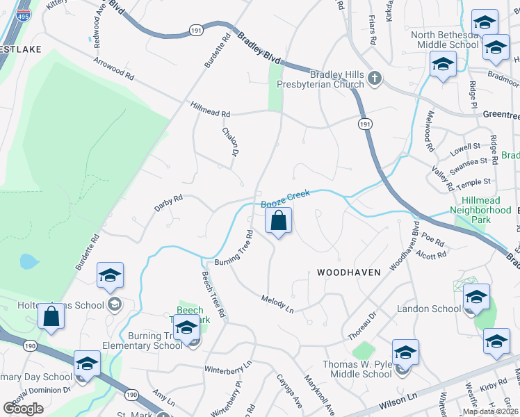 map of restaurants, bars, coffee shops, grocery stores, and more near 8609 Burning Tree Road in Bethesda