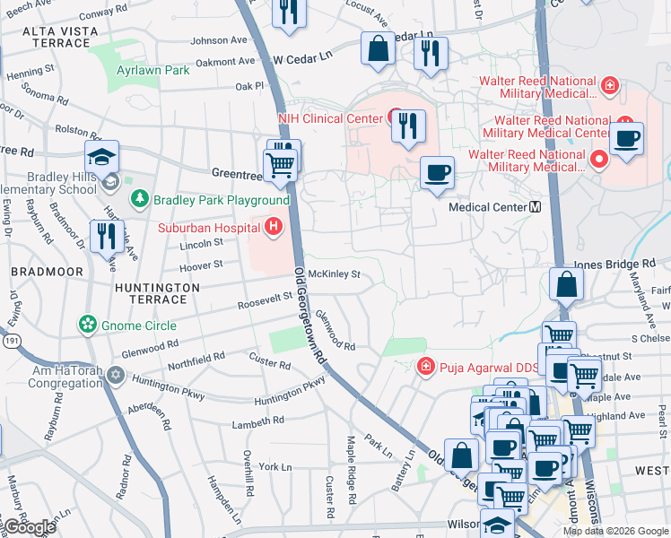 map of restaurants, bars, coffee shops, grocery stores, and more near 5321 McKinley Street in Bethesda