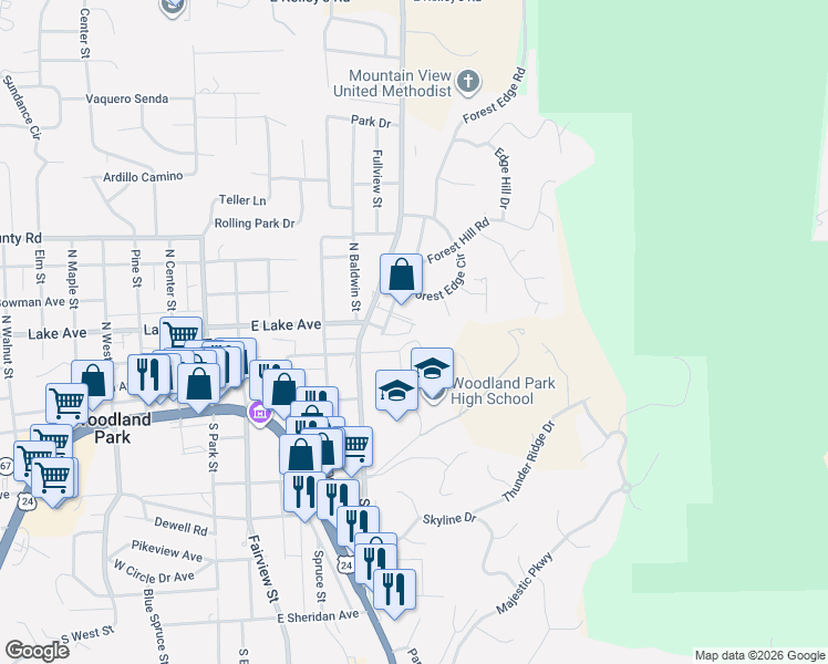 map of restaurants, bars, coffee shops, grocery stores, and more near 401 Forest Edge Road in Woodland Park