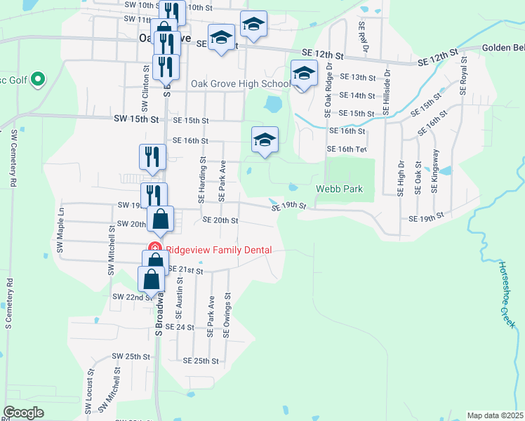 map of restaurants, bars, coffee shops, grocery stores, and more near 606 Southeast 21st Street in Oak Grove