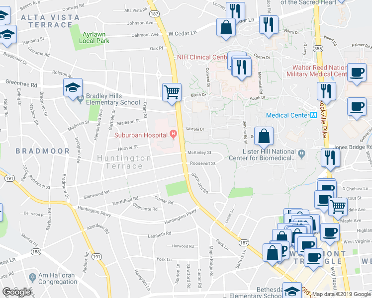 map of restaurants, bars, coffee shops, grocery stores, and more near 8601 Old Georgetown Road in Bethesda