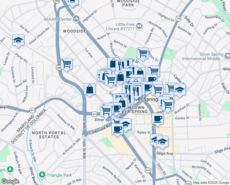 map of restaurants, bars, coffee shops, grocery stores, and more near 1328 Fenwick Lane in Silver Spring