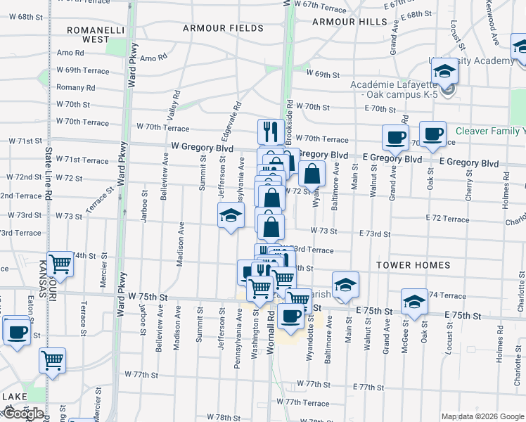 map of restaurants, bars, coffee shops, grocery stores, and more near 7224 Wornall Road in Kansas City