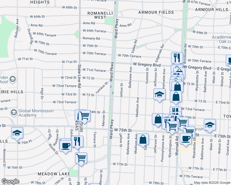 map of restaurants, bars, coffee shops, grocery stores, and more near 7232 Ward Parkway in Kansas City