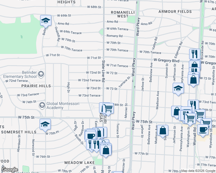 map of restaurants, bars, coffee shops, grocery stores, and more near 1267 West 72 Terrace in Kansas City