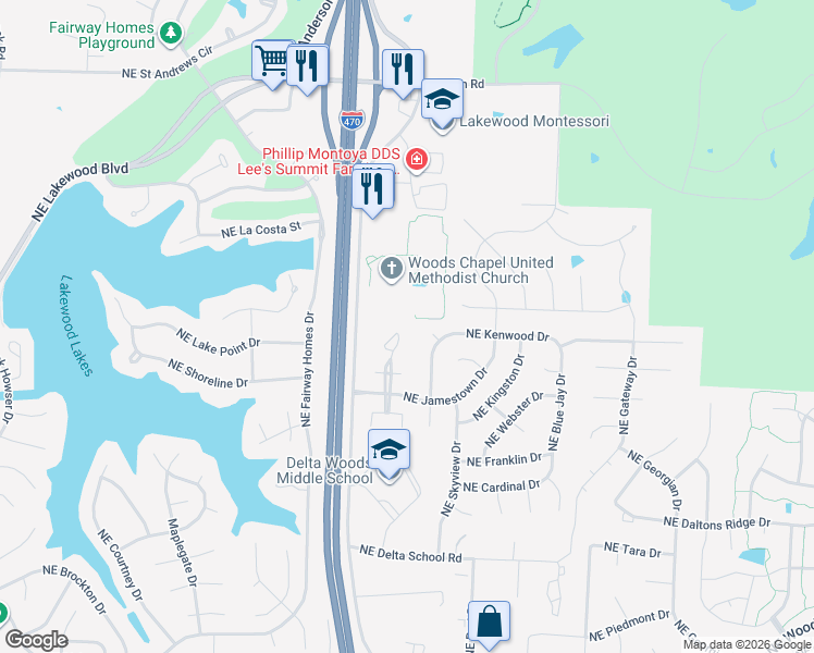 map of restaurants, bars, coffee shops, grocery stores, and more near 4617 Northeast Whispering Winds Drive in Lee's Summit