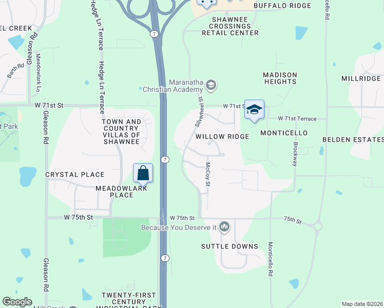map of restaurants, bars, coffee shops, grocery stores, and more near 22815 West 72nd Terrace in Shawnee
