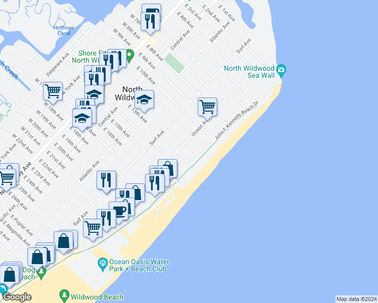map of restaurants, bars, coffee shops, grocery stores, and more near 506 East 12th Avenue in North Wildwood