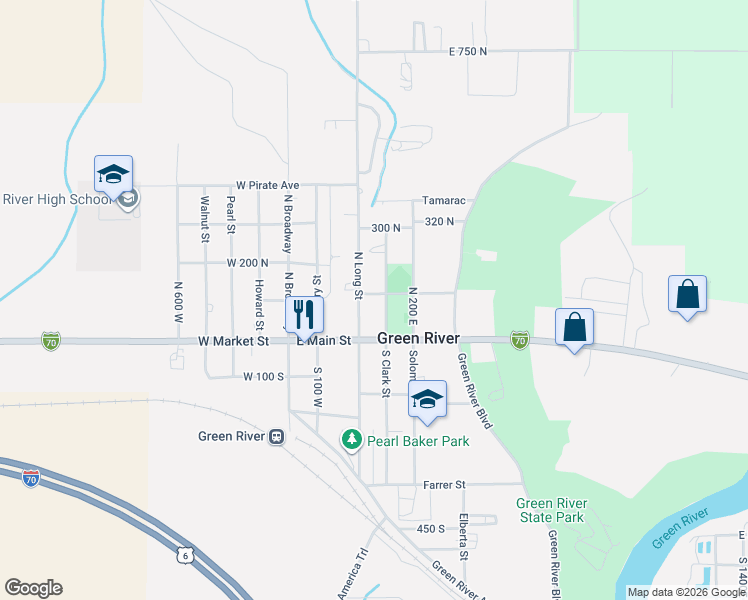map of restaurants, bars, coffee shops, grocery stores, and more near 95 North Clark Street in Green River