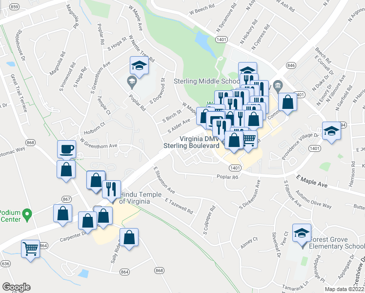 map of restaurants, bars, coffee shops, grocery stores, and more near 806 North Concord Court in Sterling