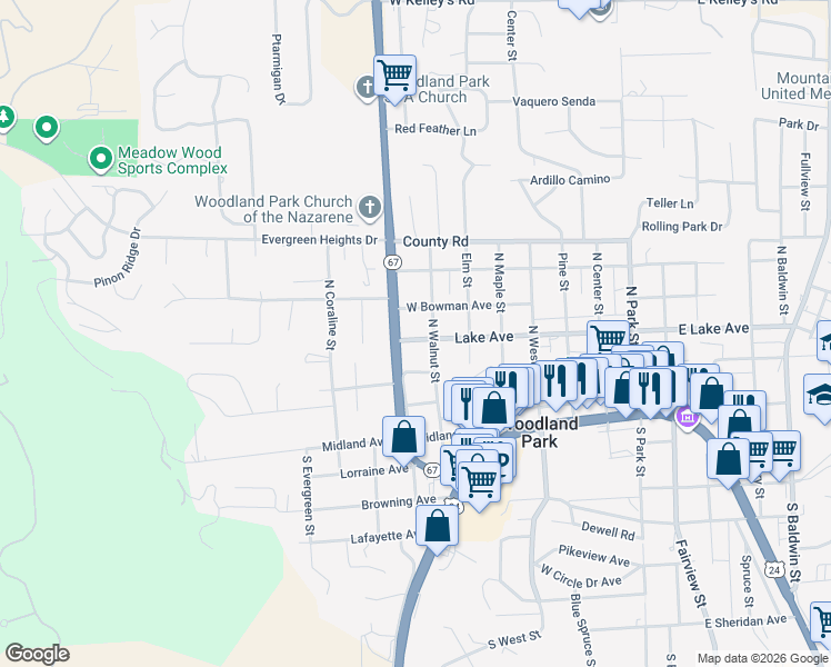 map of restaurants, bars, coffee shops, grocery stores, and more near 730 West Lake Avenue in Woodland Park
