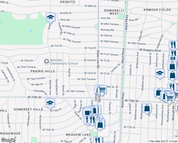 map of restaurants, bars, coffee shops, grocery stores, and more near 2100 West 73rd Street in Prairie Village
