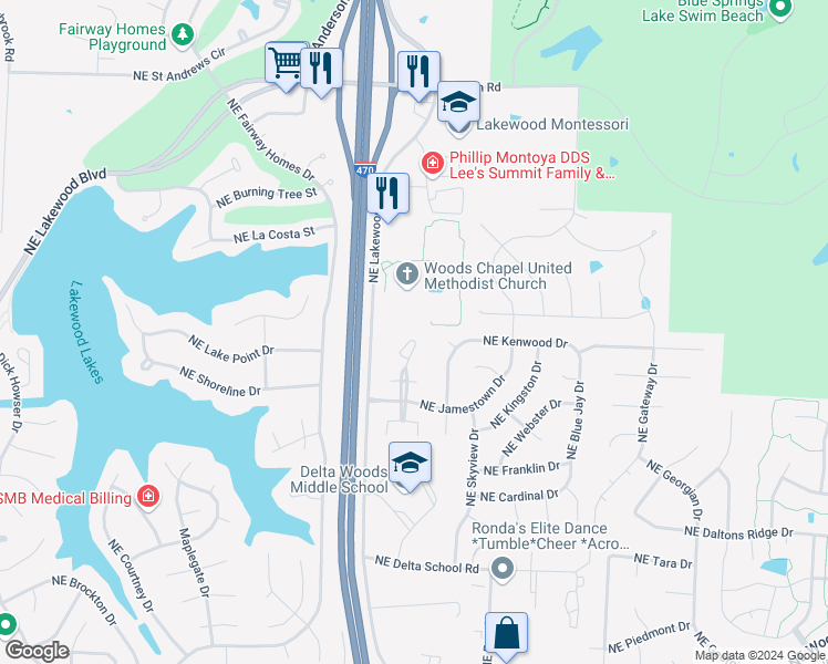 map of restaurants, bars, coffee shops, grocery stores, and more near 4620 Northeast Whispering Winds Drive in Lee's Summit