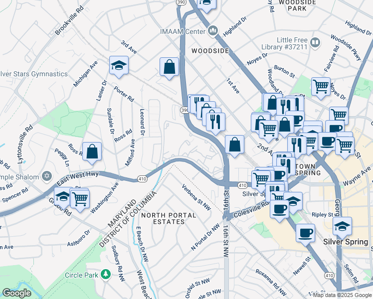 map of restaurants, bars, coffee shops, grocery stores, and more near 1703 East-West Highway in Silver Spring