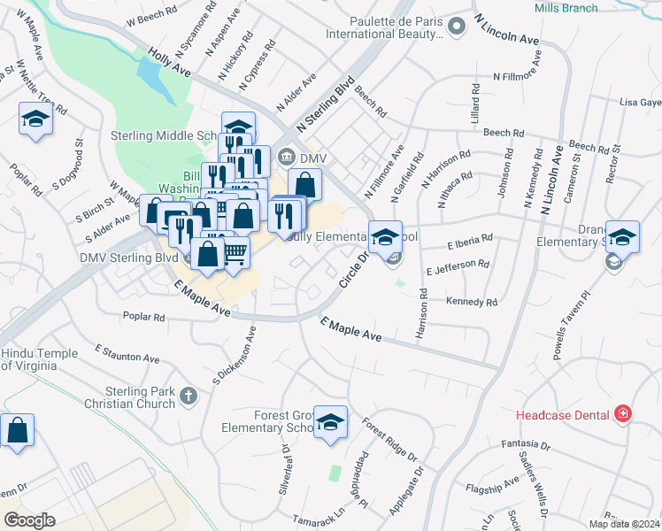 map of restaurants, bars, coffee shops, grocery stores, and more near Saint Johns Square in Sterling