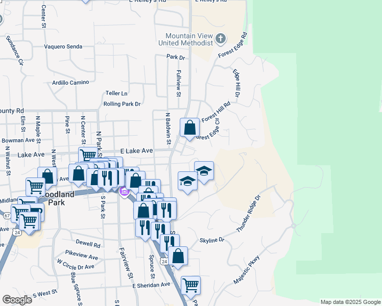 map of restaurants, bars, coffee shops, grocery stores, and more near 401 Forest Edge Road in Woodland Park