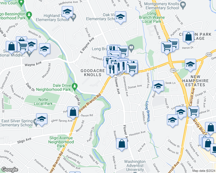 map of restaurants, bars, coffee shops, grocery stores, and more near 8413 Piney Branch Road in Takoma Park