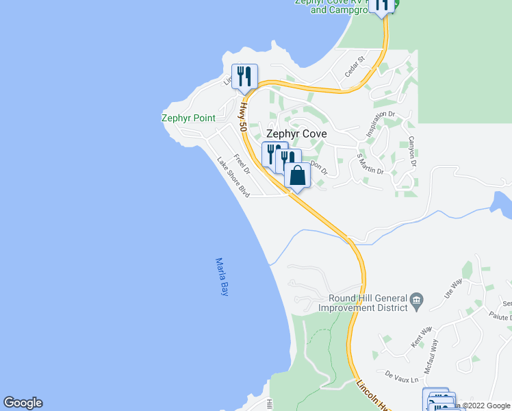 map of restaurants, bars, coffee shops, grocery stores, and more near 600 U.S. 50 in Zephyr Cove