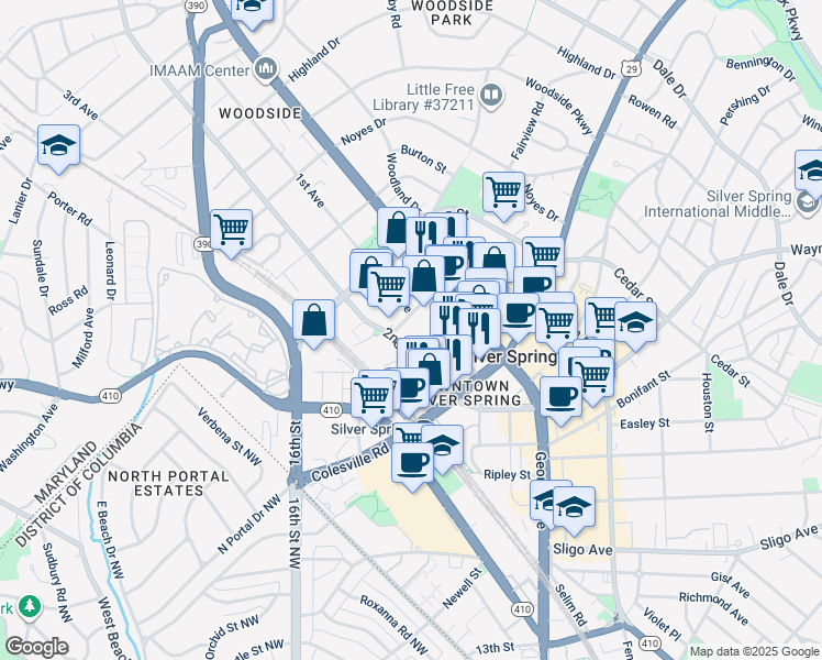 map of restaurants, bars, coffee shops, grocery stores, and more near 1320 Fenwick Lane in Silver Spring