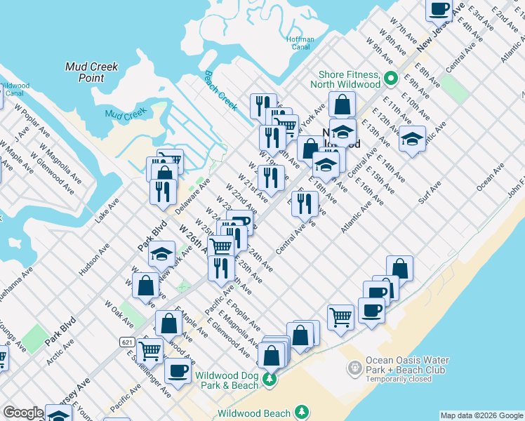 map of restaurants, bars, coffee shops, grocery stores, and more near 111 West 22nd Avenue in North Wildwood