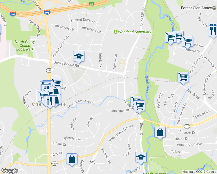 map of restaurants, bars, coffee shops, grocery stores, and more near 3400 Coquelin Terrace in Chevy Chase