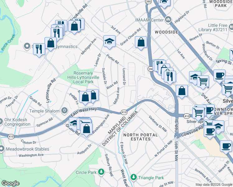 map of restaurants, bars, coffee shops, grocery stores, and more near 8524 Milford Avenue in Silver Spring