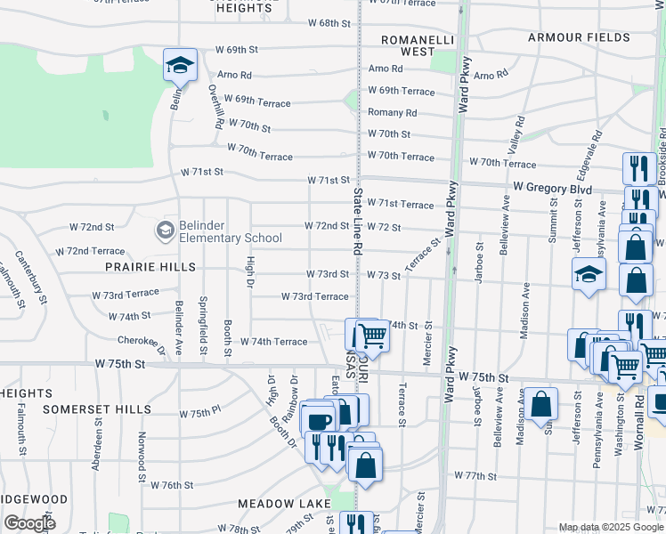 map of restaurants, bars, coffee shops, grocery stores, and more near 2100 West 73rd Street in Prairie Village