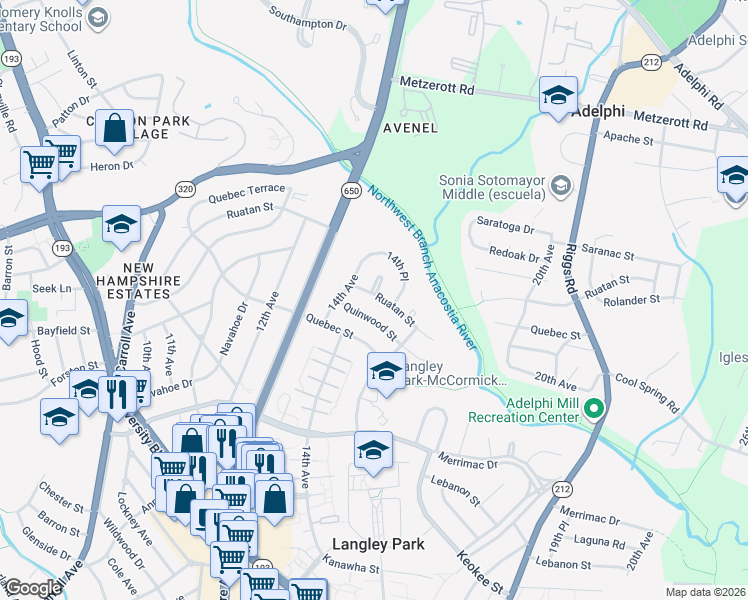 map of restaurants, bars, coffee shops, grocery stores, and more near 1409 Ruatan Street in Hyattsville