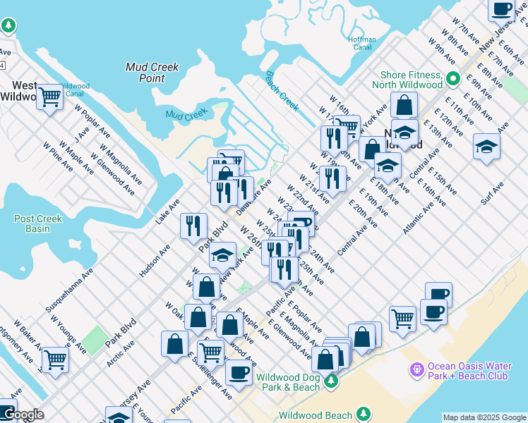 map of restaurants, bars, coffee shops, grocery stores, and more near 216 West 24th Avenue in Wildwood