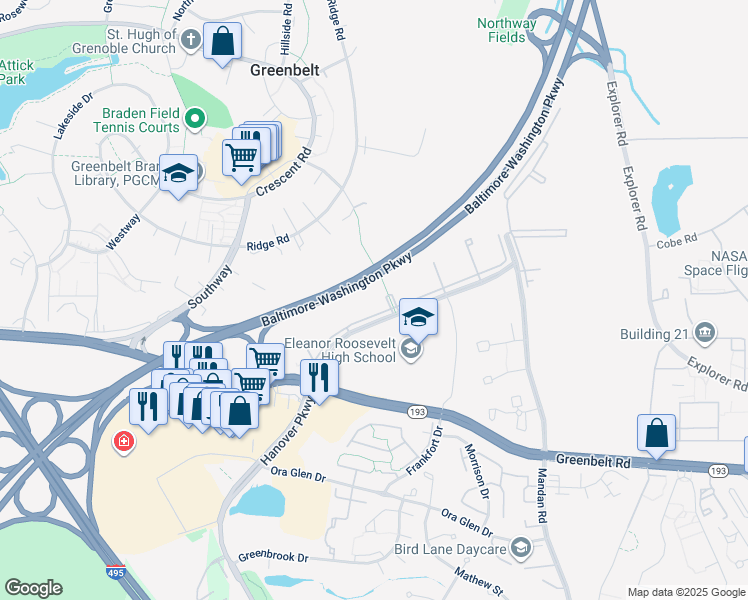 map of restaurants, bars, coffee shops, grocery stores, and more near 7714 Hanover Parkway in Greenbelt