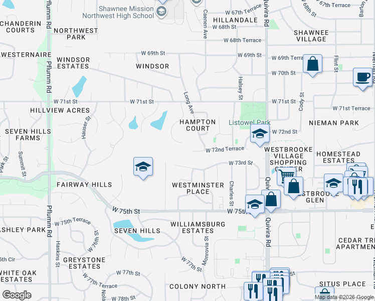 map of restaurants, bars, coffee shops, grocery stores, and more near 12428 West 72nd Terrace in Shawnee