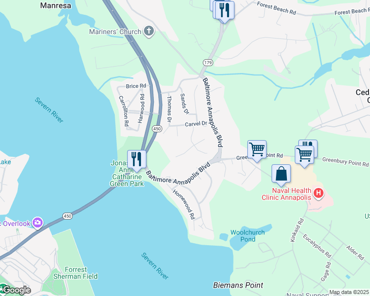 map of restaurants, bars, coffee shops, grocery stores, and more near 9 Arlie Drive in Annapolis