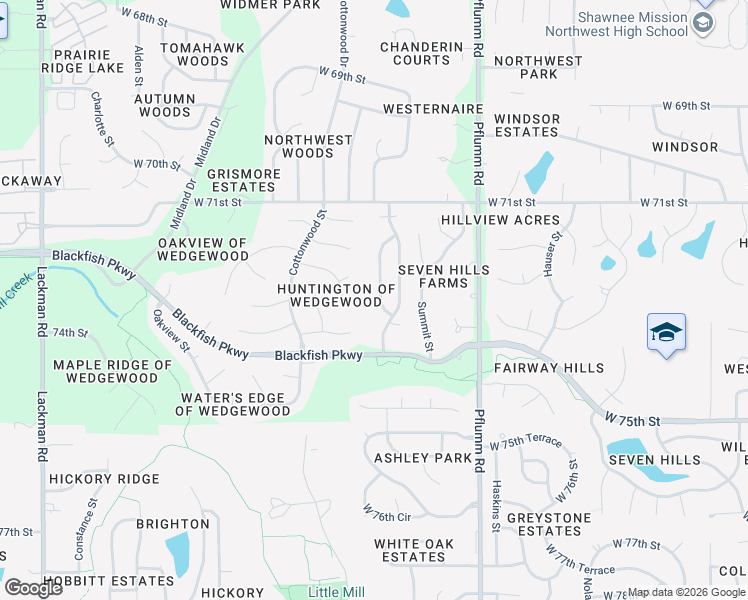map of restaurants, bars, coffee shops, grocery stores, and more near 13916 72nd Street in Shawnee