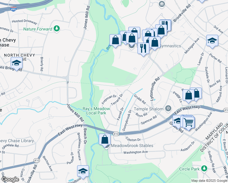 map of restaurants, bars, coffee shops, grocery stores, and more near 8562 Freyman Drive in Chevy Chase