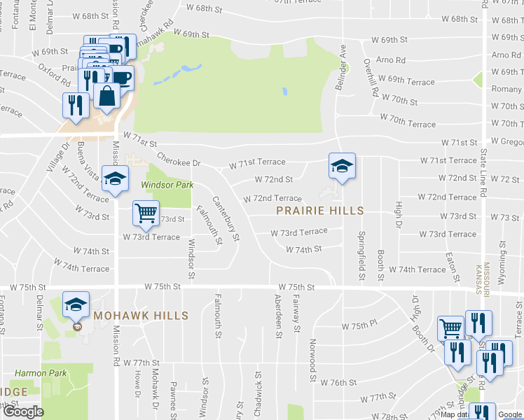 map of restaurants, bars, coffee shops, grocery stores, and more near 3104 West 73rd Street in Prairie Village