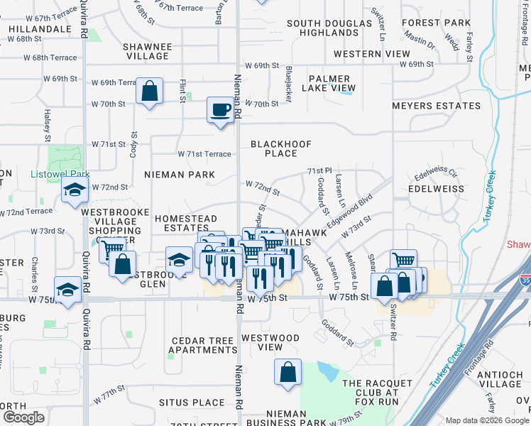 map of restaurants, bars, coffee shops, grocery stores, and more near 10913 West 72nd Terrace in Shawnee