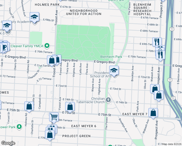 map of restaurants, bars, coffee shops, grocery stores, and more near 1506 East 72nd Street in Kansas City