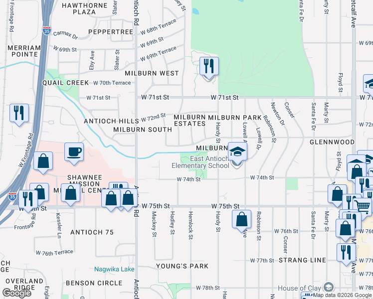 map of restaurants, bars, coffee shops, grocery stores, and more near 8301 West 72nd Terrace in Overland Park
