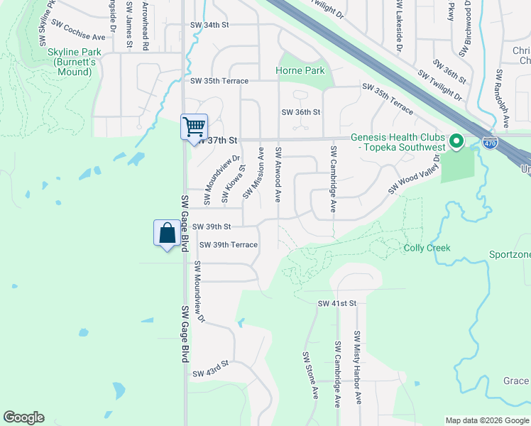 map of restaurants, bars, coffee shops, grocery stores, and more near 3898 Southwest Mission Circle in Topeka