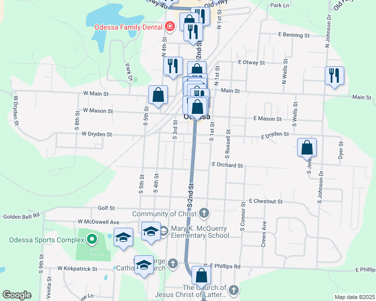 map of restaurants, bars, coffee shops, grocery stores, and more near 315 South 2nd Street in Odessa