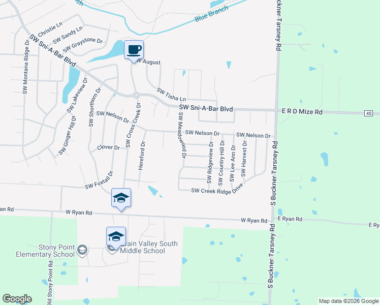 map of restaurants, bars, coffee shops, grocery stores, and more near 626 Southwest Sunset in Grain Valley