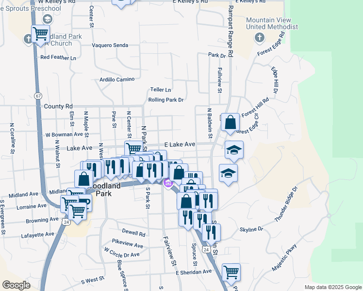 map of restaurants, bars, coffee shops, grocery stores, and more near 333 East Lake Avenue in Woodland Park