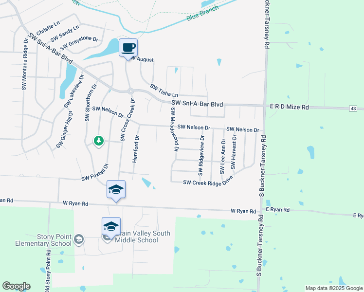 map of restaurants, bars, coffee shops, grocery stores, and more near 626 Southwest Sunset in Grain Valley
