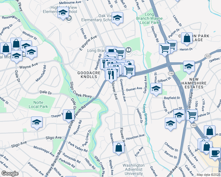 map of restaurants, bars, coffee shops, grocery stores, and more near 8608 Flower Avenue in Takoma Park