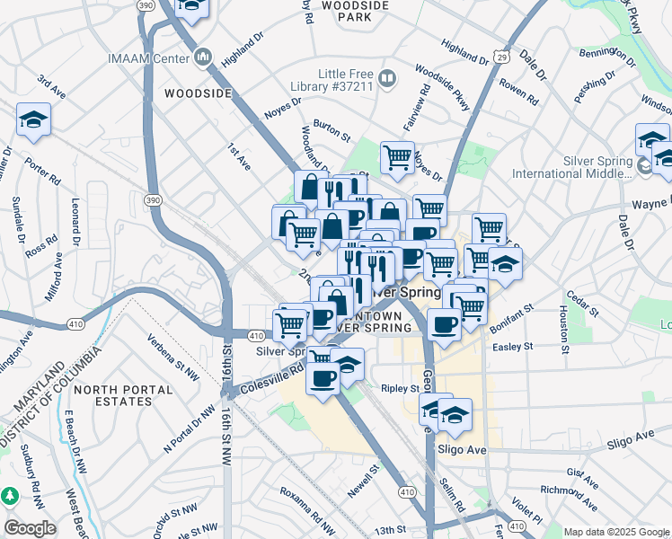 map of restaurants, bars, coffee shops, grocery stores, and more near 8530 Cameron Street in Silver Spring