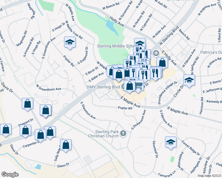 map of restaurants, bars, coffee shops, grocery stores, and more near 609 South Concord Court in Sterling