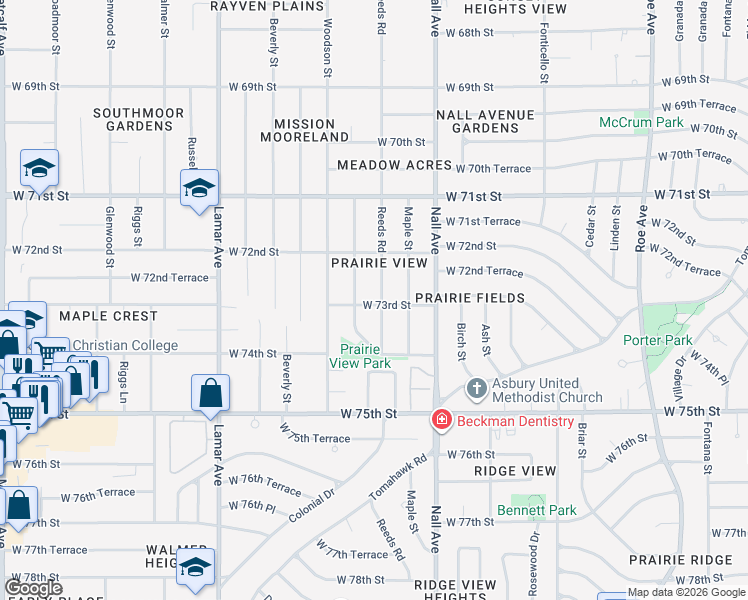 map of restaurants, bars, coffee shops, grocery stores, and more near 7240 Reeds Road in Overland Park
