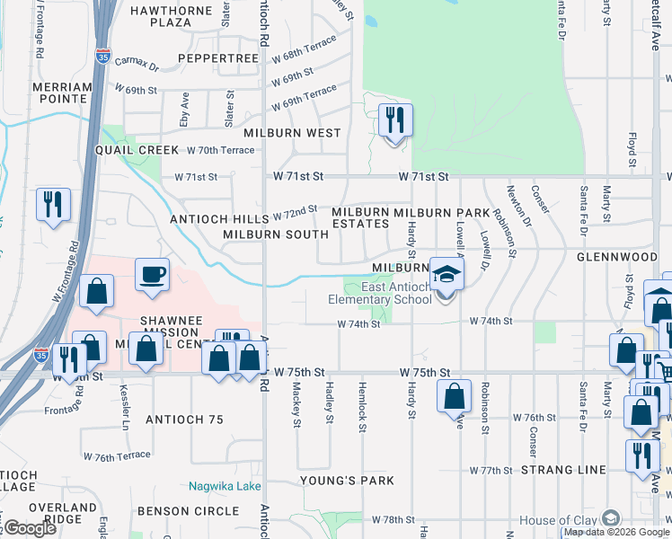 map of restaurants, bars, coffee shops, grocery stores, and more near 8403 W 72nd Terrace in Overland Park